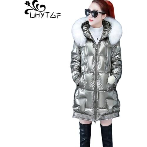 UHYTGF Quality Glossy Down Winter Jacket Women Fashion Fur Collar Hooded Casual Warm Outerwear Thicken Plus Size Parker Coat1380