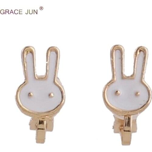 GRACE JUN Korea Style Gold Color Small Rabbit Enamel Clip on Earrings No Pierced for Girls Fashion Cushion Earrings Not Allergy