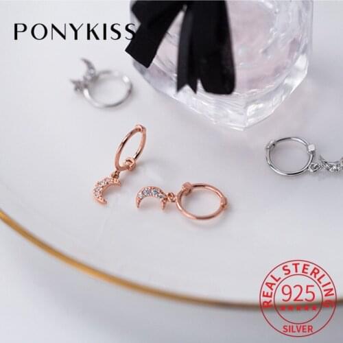 PONYKISS 100% 925 Sterling Silver Zircon Moon Chic Hoop Earrings For Fashion Women Fine Accessory Girl Birthday Delicate Gift