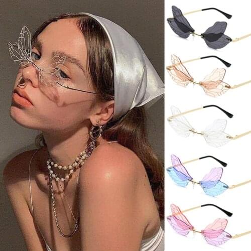 Dragonfly Wings Sunglasses Frameless Fashion Women Transparent White Eyewear Metal Party Retro Glasses