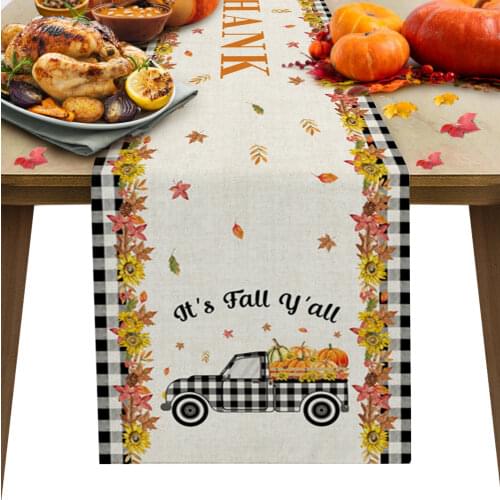 Autumn Pumpkin Truck Plaid Table Runner Home Dining Table Decor Placemat Hotel Wedding Table Decor Tablecloth