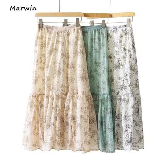 Marwin&Friend Spring Summer Printing European Floral Pattern Empire Elastic Women A-Line Three Color High Street Style Skirts