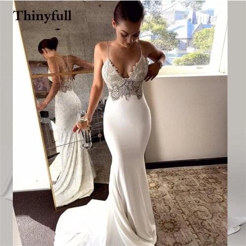 Thinyfull New 2021 Sliver Appliques Long Bohemian Mermaid Wedding Dresses V Neck Sleeveless Beach Bride Dress Robe De Mariee