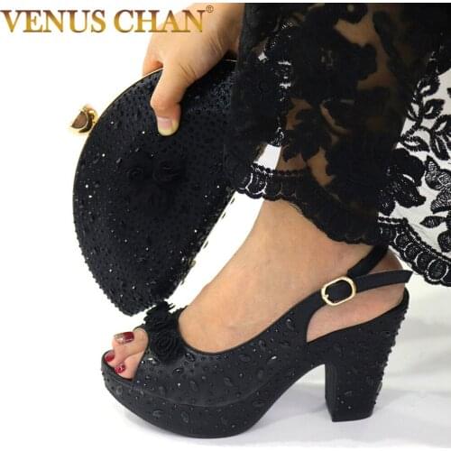 2021 Winter New Arrivals Italian Design Shoes and Bag to Match in Black Color Decorate with Rhinestone for Wedding Party
