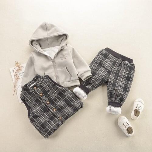 Winter Baby boys clothes warm suit plus velvet padded Sweater baby girls clothes hooded Coat Vest Plaid pants Toddler Clothing