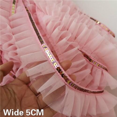 5CM Wide Luxury Pink 3D Pleated Lace Glitter Sequins Ribbon Ruffle Trim Collar Prom Dress Clothing DIY Applique Guipure Supplies