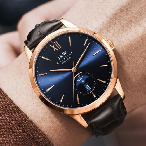 Sapphire MIYOTA Automatic Mechanical Watch Men Switzerland I&W Carnival Moon phase GMT Cowhide leather strap reloj hombre montre