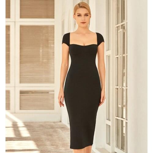 Free Shipping Wholesale Womens Dress Black Stretch Knit Mid-Length Sexy Club Celebrity Cocktail Party Bandage Dress