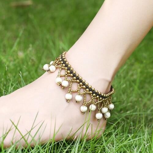 Bohemian Ethnic Style Semi-precious Stone Beach Wind Anklet Wax Rope Hand-woven Beach Holiday Sexy Bell Anklet Female Jewelry