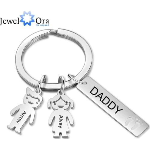 JewelOra Personalized Name Boy Girl Keychains with DADDY Bar Charm Stainless Steel Custom Engraving Children Keychain for Men
