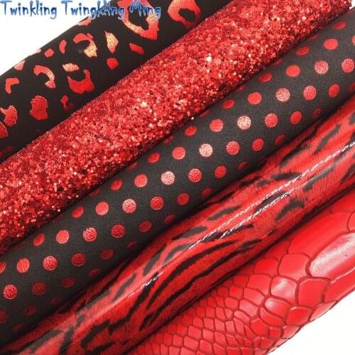 Red Chunky Glitter leather, Zebrad Leopard Dots Printed Faux Fabric For Bow A4 21x29CM Twinkling Ming KM199