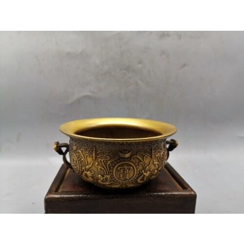 China Folk Feng shui Brass cornucopia ru yi Yuanbao Wealth treasure bowl Statue
