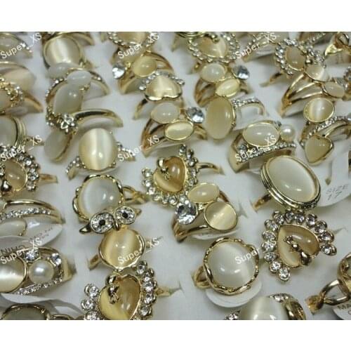100pcs Natural Cat Eye Stone Rhinestones Women Gold Rings Wholesale Jewelry Lots Ring Free shipping RL290