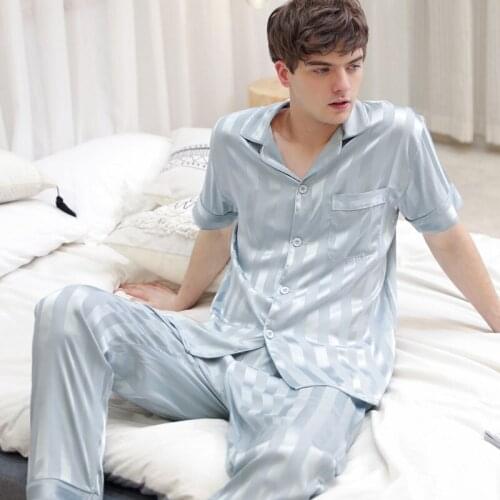 Mens 2PCS Ice SIlk Pajamas Suit 2021 Summer New Striped Sleepwear L-3XL Short Sleeve Pant Nightwear Casual Pijama Loose Homewear