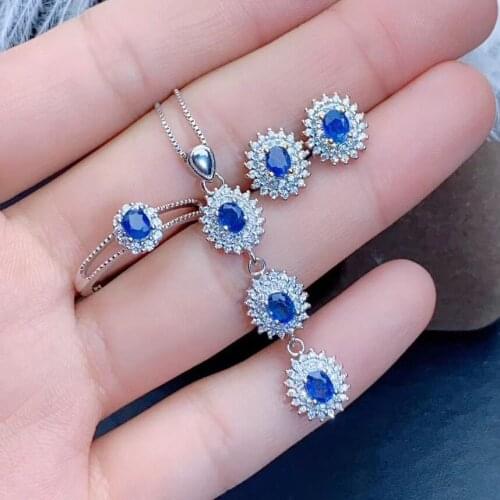 Vintage Charm Natural And Real Sapphire Set 925 Sterling Silver 1pc Sapphire Ring,2pcs Sapphire Earring,1pc Sapphire Pendant