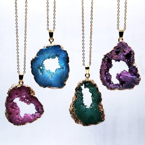 Natural Onyx Crystal Hole Electroplated Gold Pendant Jewellery Making Womens Necklace DIY Sweater Chain Jewelry Accessories
