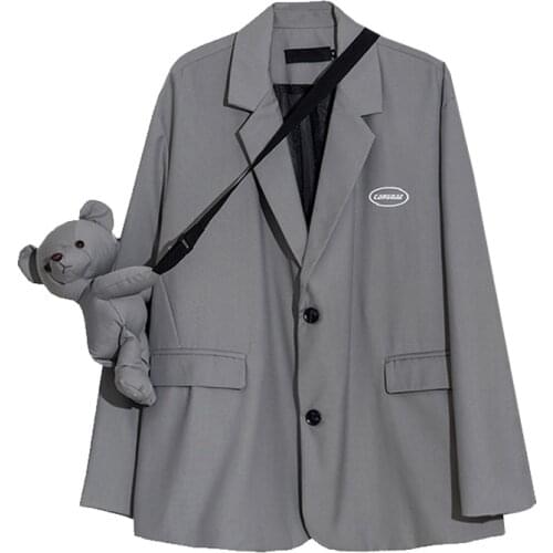 New Autumn 2021 Notched Blazers Women Shoulder Bag Bear Jacket Coat Loose Single Breasted England Style Casual Blazers Female