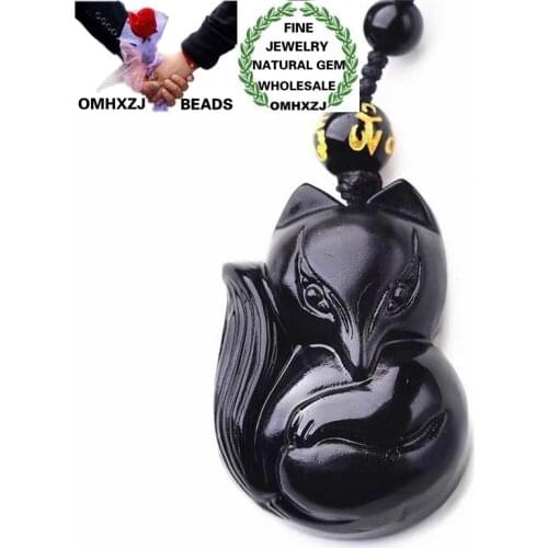OMHXZJ Wholesale ZB428 European Fashion Birthday Party Wedding Gift Natural Stone Fine Obsidian Fox Pig Buddha Sweater Necklace