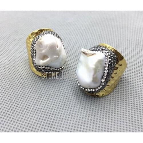 10Pcs Discount Crystal Gold Color Irregular Surface Free Form Ring Freshwater Pearl Ring 30x20mm RM4662