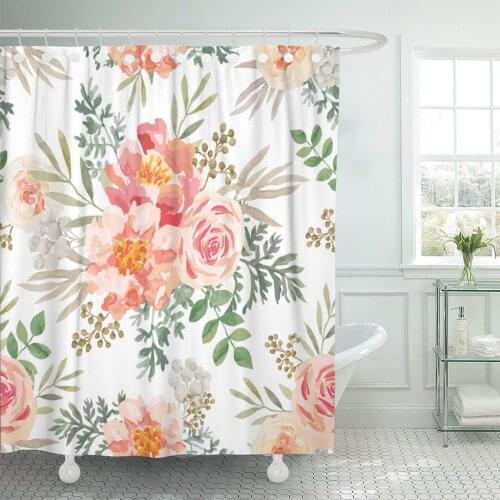 Pink Roses and Peonies Khaki Green Leaves Watercolor Romantic Shower Curtain Waterproof Polyester Fabric 72 x 72 Inches