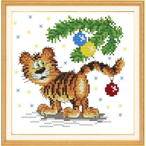 Christmas Tiger Cross Stitch Needlework Set DMC Canvas Print 14CT Cross Stitch Kit DIY Christmas Gift Home Wedding Decoration