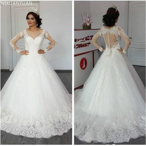 A-Line Wedding Dresses V-Neck Long Sleeve Lace Appliques Illusion Covered Button Back Bridal Dresses Fashion Wedding Gown