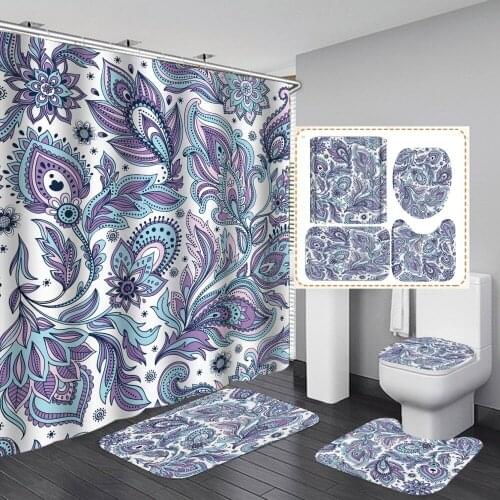 Blue Peacock Feather Shower Curtain Fashion Purple With Non Slip Rug Mat Waterproof Polyester Home Decor 180cm Bathroom Curtain