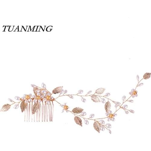 Pearl Hair Comb Headbands Bride Hair Ornaments Golden Leaf Wedding Headbands With Comb Pearl Women Accessories Hair Jewelry