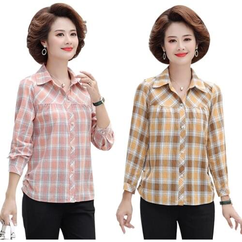 Women Cotton Blouses And Shirt Casual Plaid Shirts Long Sleeve Ladies Tops Outwear 2021 Autumn Mother Checked Clothes 5XL