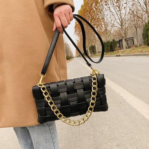 Women Leather Woven Design Shoulder Bag Metal Chain Handbag And Purse Women Weave Mini Crossbody Bag Female Bolso Sac