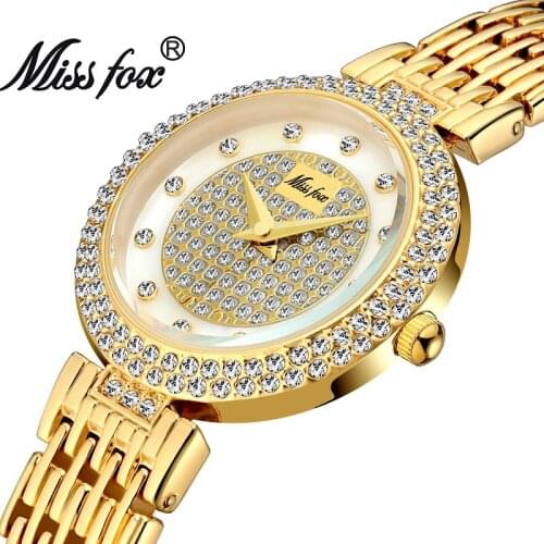 MISSFOX Womens Watches Fashion Luxury Brand Full Lab Diamond Gold Womens Wristwatch Bling Casual Ladies Quartz Watch Clock 30M