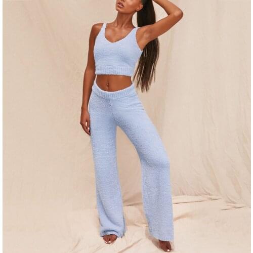Plush Solid Women 2 Piece Set Sleeveless V Neck Crop Vest Elastic High Waist Pant Autumn 2021 Home Casual Loose Women Set
