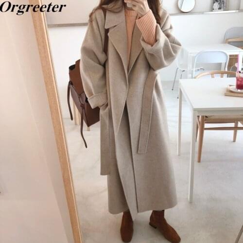 High Qualirt Autumn Winter New Womens Casual Wool Blend Trench Coat Oversize Long Coat with belt Warm Cashmere Outerwear
