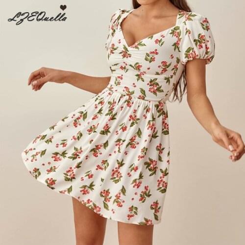 LZEQuella Floral Print Sexy V Neck Mini Boho Dress Summer 2021 Short Sleeve High Waist A Line Short Dresses Vestidos NZ3784