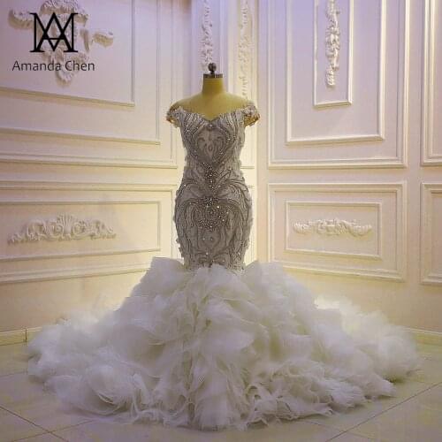 Robe sirene mariage Off Shoulder Crystal Mermaid Ruffle Wedding Dress