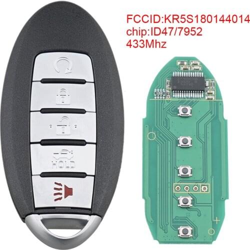 5 Buttons Black 433Mhz Smart Remote Car Key Fob with ID47/7952 Chip KR5S180144014 Fit for 2013 2014 2015 Nissan-Altima