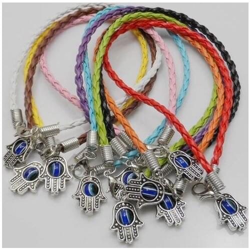 50Pcs Mixed HAMSA HAND Eye charms Leather String Bracelets Lucky Charms Pendant Leather 19cm