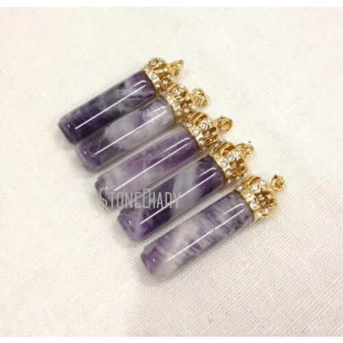 H-PP28 Healing Crystal Pillar Amethysts Cylinder Point Pendant with 24k Gold Crown Cap and Bail Connector