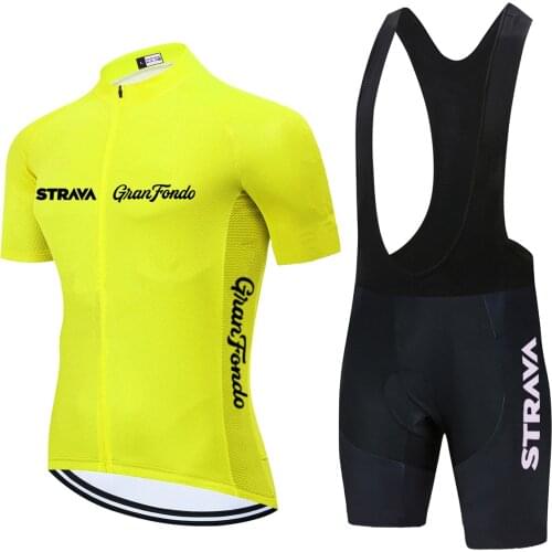 Fluo Yellow Cycling Team STRAVA Jersey 20D Bike Shorts Set Ropa Ciclismo Mens Summer Quick Dry Bicycling Maillot Pants Wear