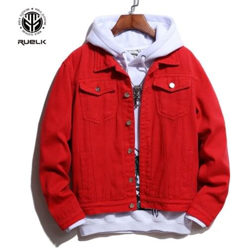 RUELK Red Denim Jacket 2021 New Autumn and Winter New Mens Denim Shirt European and American Style Harajuku Denim Jacket Male