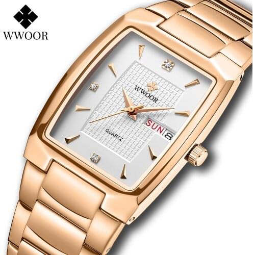 WWOOR 2021 New Mens Watches with Stainless Steel Luxury Brand Square Quartz Watch Men Automatic Week Date Waterproof Wrist Watch