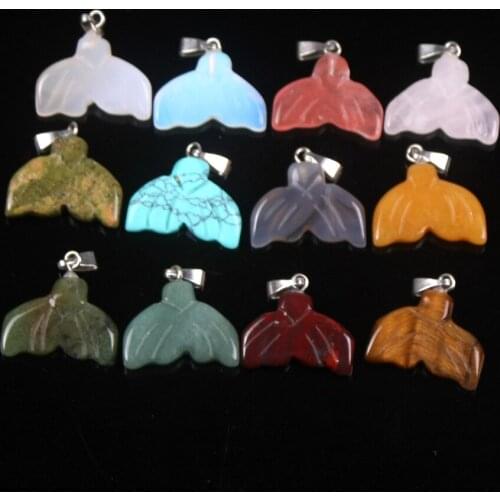 Wholesale 12pcs Natural Stone Mixed colors Shark Whale Tails Pendants Charms Pendulum Necklace for Making jewelry Free Shipping