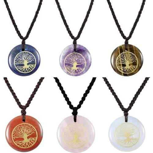 TUMBEELLUWA Tree of Life Engraved Round Stone Amulet Pendant Necklace, Adjustable Wave Necklaces for Unisex