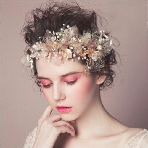 Gorgeous Pink pearl flower bridal headband Gold beaded leaf headband pearl head jewelry crystal tiara bridal wedding accessories