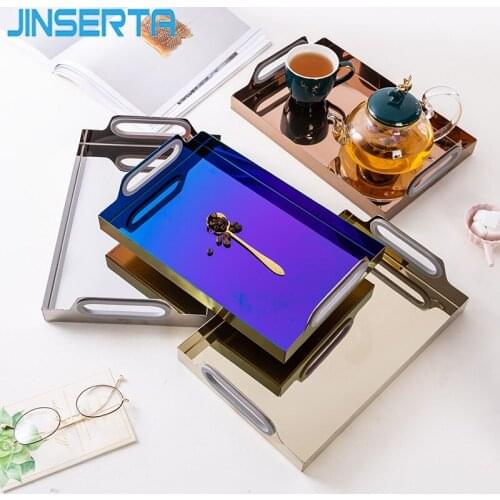 JINSERTA Rectangle Metal Storage Tray Stainless Steel Dessert Fruit Cake Plate Home Restaurant Tea Coffee Milk Serving Tray