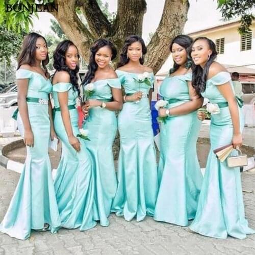 Sexy Off-Shoulder African Mint Green Bridesmaid Dresses Pearls Beads Ribbon Draped Sash Mermaid Bridesmaid Dress Formal Dress