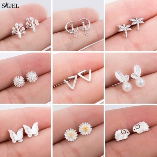 Mini Silver Color Geometric Triangle Earrings for Women Girl Minimalist Jewelry Dandelion Sheep Bird Star Moon Cat Earring Studs