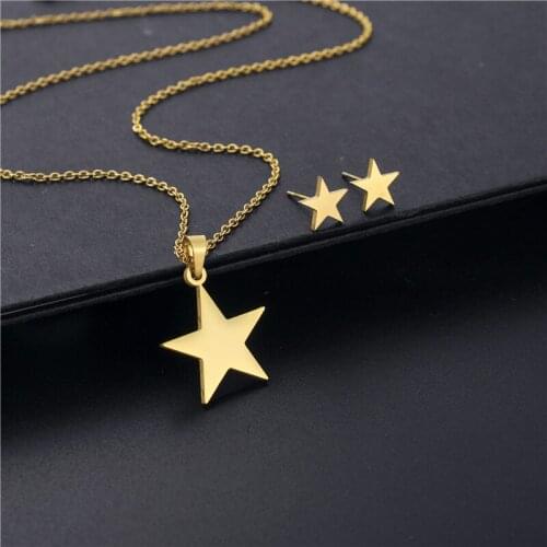 Stainless Steel Cute Star Pendant Necklaces & Stud Earrings for Women Korean Party Wedding Jewelry Sets Lovers Valentine Gift