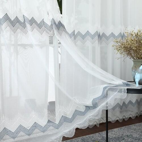 Modern white tulle curtains for bedroom living room readymade blue gray Embroidery Wave sheer curtains