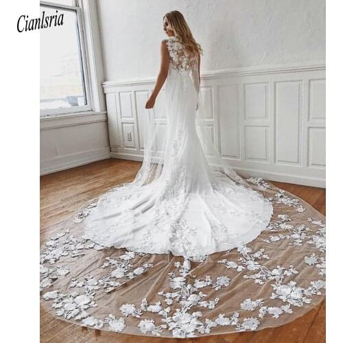 Gorgeous Floral Appliques Lace Cap Sleeve Long Mermaid Wedding Dress With Cape Illusion Bridal Wedding Gown Vestido de Noiva
